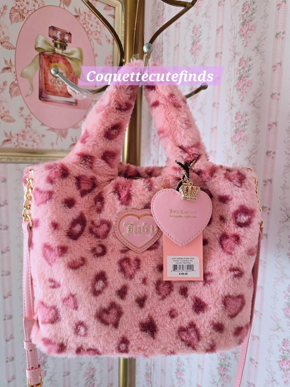 Juicy Couture Pink Faux Fur Heart-Print Shoulder Bag with Gold Accents